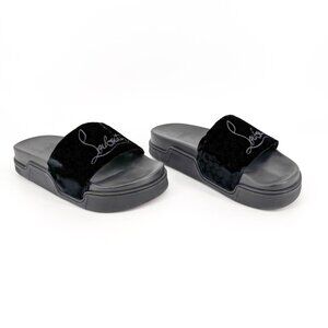 Christian Louboutin 'Navy Pool' Slide Sandals Size 37 US 7 Black Velvet Logo 34